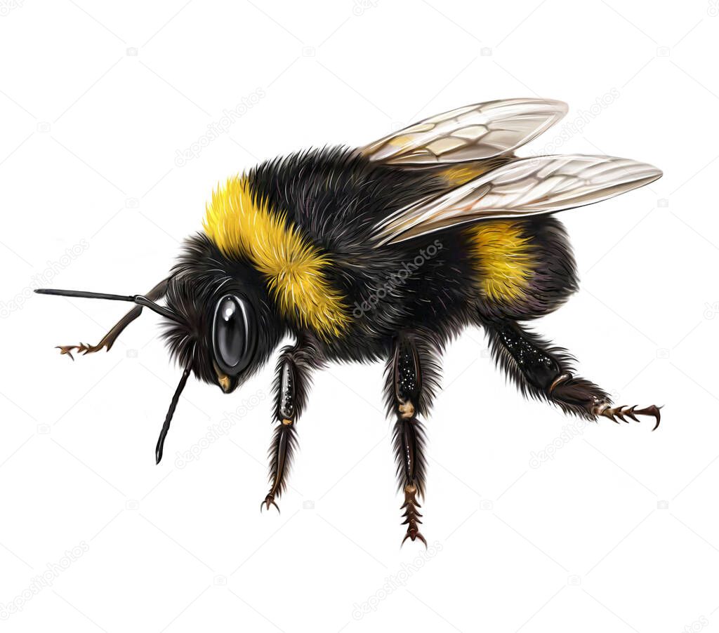 bumblebee (Bombus), hymenopteran insect of the bee family, realistic drawing, illustration, isolated image on a white background