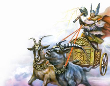 Thor 'un Savaş Arabası, İskandinav mitolojisi, Gök gürültüsü ve şimşek tanrısı, Asgard savaşçısı, keçiler Tangniostr ve Tangrisnir, illüstrasyon, beyaz arka planda izole görüntü