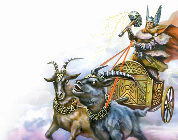 Thor 'un Savaş Arabası, İskandinav mitolojisi, Gök gürültüsü ve şimşek tanrısı, Asgard savaşçısı, keçiler Tangniostr ve Tangrisnir, illüstrasyon, beyaz arka planda izole görüntü
