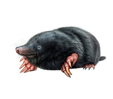 Köstebek (Talpidae), böceksi hayvan, illüstrasyon, gerçekçi çizim, beyaz arka planda izole edilmiş görüntü