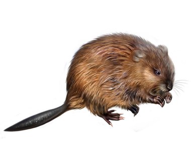 Misk faresi, misk faresi (Ondatra zibethicus), memeli hayvan, yarı su kemirgeni, gerçekçi çizim, ansiklopedi illüstrasyonu, beyaz arkaplanda izole edilmiş görüntü