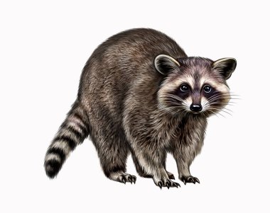 Rakun (Procyon), gerçekçi çizim, hayvan ansiklopedisi için illüstrasyon, beyaz arka planda izole görüntü