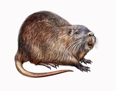 Nutria (Myocastor coypus), kemirgen sırasının memelisi, gerçekçi çizim, hayvan ansiklopedisi için illüstrasyon, beyaz arkaplanda izole görüntü