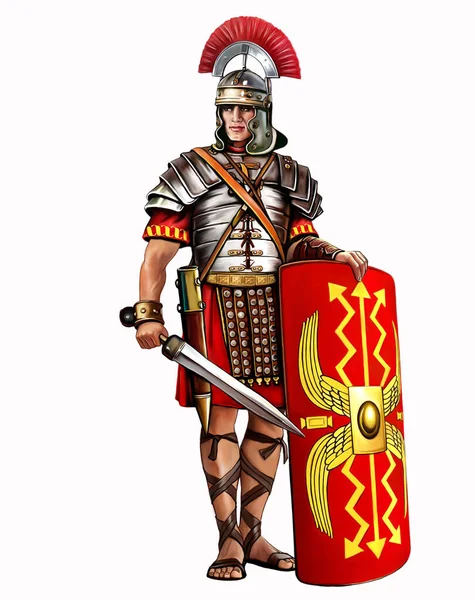 Roman legionary (legionarius) with a gladius sword and a scutum shield, heavy infantryman, realistic drawing, soldier of the army of the Roman Empire, isolated image on a white background.