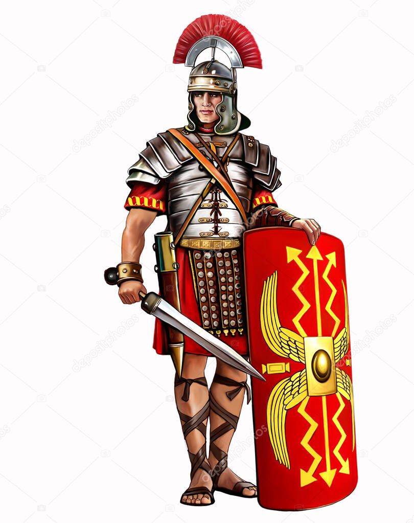 Roman legionary (legionarius) with a gladius sword and a scutum shield, heavy infantryman, realistic drawing, soldier of the army of the Roman Empire, isolated image on a white background.