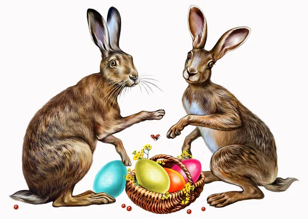 Dos Divertidos Conejos Pascua Con Una Cesta Huevos Colores Liebres — Foto de Stock