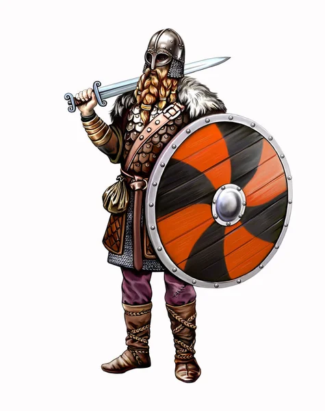 Kalkanları ve kılıçları olan Viking, Norman, Varangian, İskandinav savaşçısı, ortaçağ denizcisi, İsveç, Norveç ve Danimarka topraklarındaki antik pagan kabileleri, beyaz bir arka planda izole edilmiş bir görüntü.