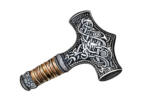 Mjolnir, İskandinav Tanrısı Thor 'un sihirli çekici, mitolojik bir obje, beyaz bir arka planda izole edilmiş bir görüntü..