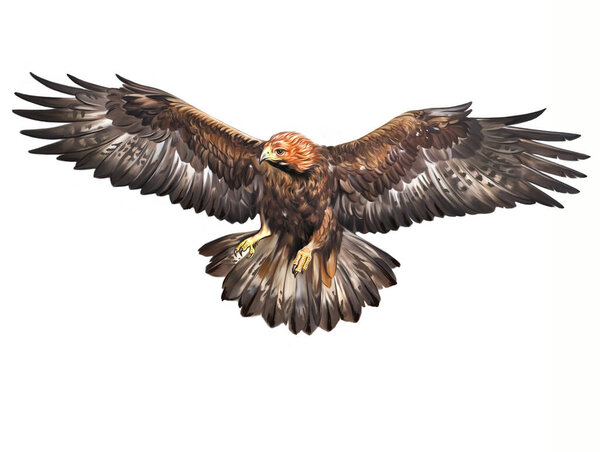 Golden eagle (Aquila chrysaetos) in flight, large eagle flying, large bird of prey of the hawk family, realistic drawing, illustration for animal encyclopedia, isolated image on white background.