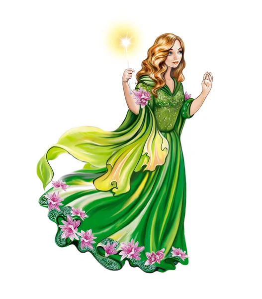 Güzel kızıl saçlı büyücü, yeşil elbiseli sihirli değnekli peri, beyaz arka planda izole bir peri masalı karakteri.