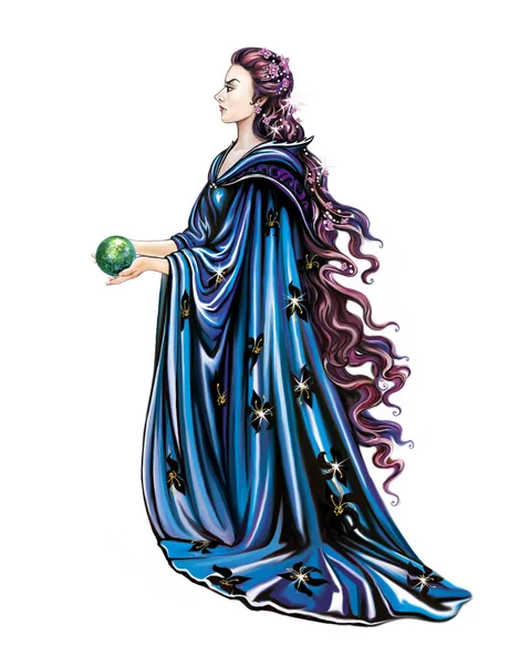 Beautiful Sorceress Magic Ball Blue Cloak Young Witch Isolated Fairy — Stock Photo, Image