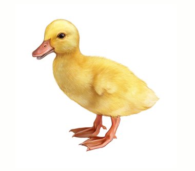 komik küçük sarı ördek yavrusu, gerçekçi çizim, evcil hayvan ansiklopedisi için illüstrasyon, beyaz arka planda izole görüntü