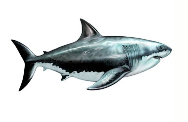 Megalodon, Otodus megalodon, Carcharocles, extinct shark of the family Otodontidae, inhabitants of the Miocene and Pliocene, Neogene period, animal encyclopedia illustration, realistic drawing, isolated image on a white background