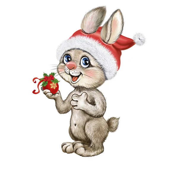 Funny Hare New Year Toy Santa Hat Merry Christmas Happy — Φωτογραφία Αρχείου