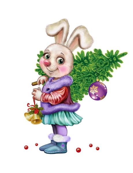 Смешной Новогодний Кролик Елкой Заяц Является Символом 2023 Китайскому Календарю — стоковое фото