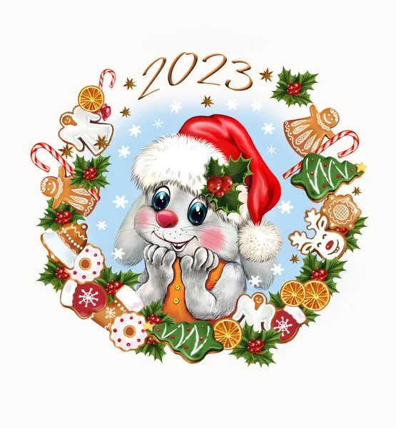Hare, Rabbit symbol of the year on the Chinese calendar, funny animal with gingerbread and sweets, Merry Christmas and Happy New Year greeting card, package design, isolated character on white background