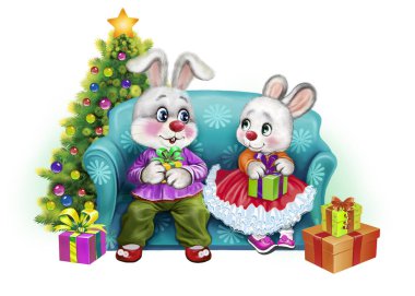 two funny cartoon hares celebrate Christmas in a cozy environment, a bunny is a symbol of the Chinese 2023 new year, a greeting card, an isolated image on a white background