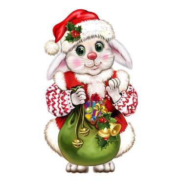 hare - a symbol of 2023 according to the Chinese calendar, a funny bunny dressed as Santa with a bag of gifts, Merry Christmas and Happy New Year greeting card, isolated image on a white background