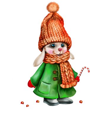 funny cartoon bunny in winter coat and hat with christmas candy, hare symbol of 2023 by chinese calendar, happy new year greeting card, isolated character on white background.