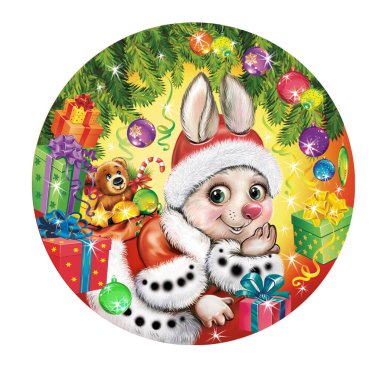 Funny cartoon bunny among gifts, hare symbol of 2023 according to the Chinese horoscope, new year round packaging design, Merry Christmas greeting card