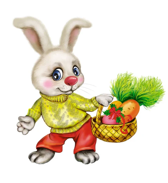 Funny Cartoon Hare Basket Carrots Symbol 2023 Greeting Card Isolated — Zdjęcie stockowe