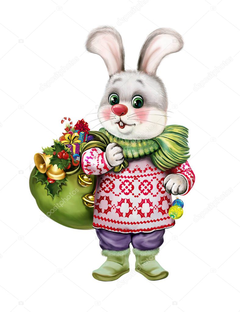 Funny cartoon hare with a bag of gifts, a symbol of 2023 on the Chinese calendar, Merry Christmas and Happy New Year greeting card, isolated image on a white background