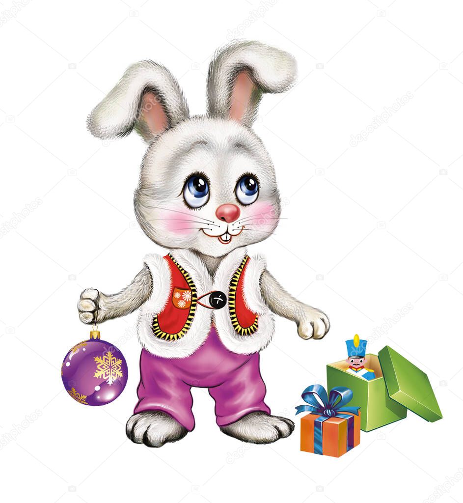 funny cartoon bunny with gifts and toys, hare symbol of 2023 according to the Chinese horoscope, Merry Christmas and Happy New Year greeting card, isolated image on a white background