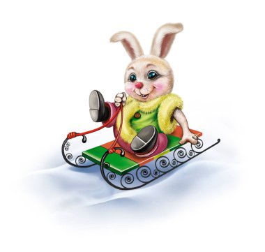 funny cartoon bunny on sled, hare symbol of 2023, Merry Christmas greeting card, isolated image on white background