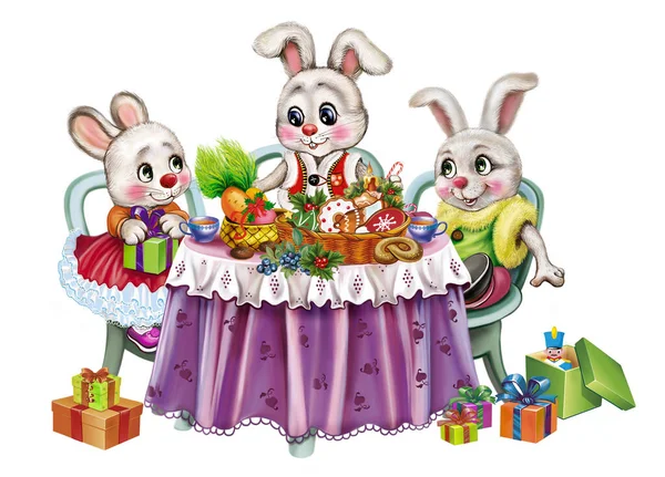 三只有趣的兔子庆祝圣诞节 根据中国历法 这是2023年的象征 一张桌子上有糖果 节日气氛 白色背景上的孤立形象 — 图库照片