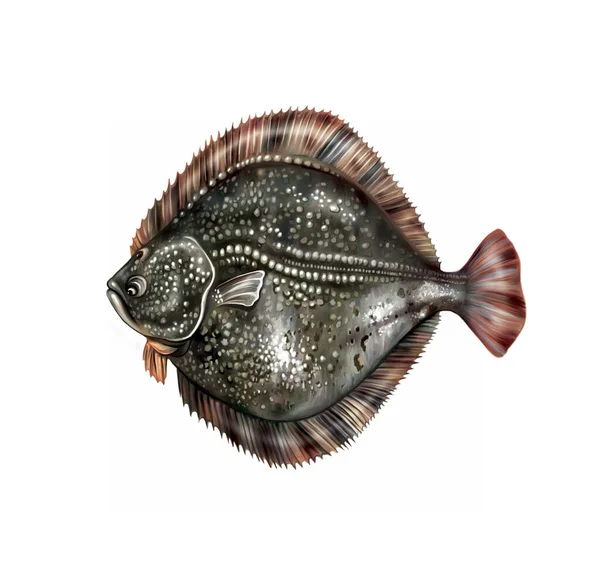 黒海のターボット スコフタルムス 現実的な図面 海の動物の百科事典のためのイラスト 黒海の住民 白い背景に孤立した画像 — ストック写真