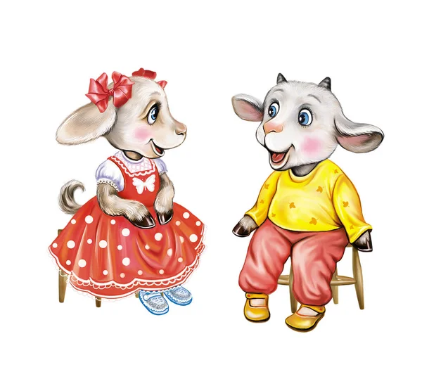 Dos Divertido Goatlings Sentarse Hablar Animales Dibujos Animados Personajes Aislados —  Fotos de Stock