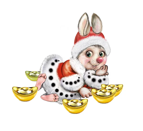 有金条的野兔 中国历法上2023年的象征 滑稽的卡通兔子 白色背景上孤立的人物 — 图库照片