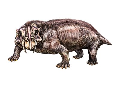 Lystrosaurus cinsi, Lystrosaurid ailesinin, Aşağı Triasik dönemin, Permiyen yok oluşundan kurtulanlar, küçük otobur bir dinozor, gerçekçi çizimler, beyaz arka planda izole edilmiş bir görüntü..