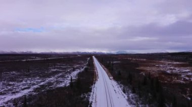 Kışın Alaska Demiryolu. ABD. Hava Görünümü