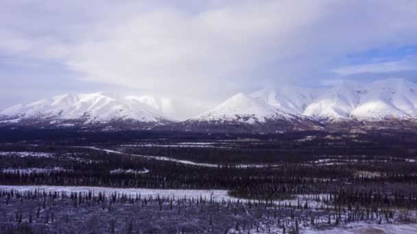 Природа Аляски зимой. Заснеженные горы. США. Вид с воздуха — стоковое видео