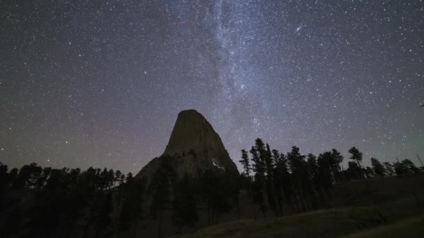 Vintergatan över Devils Tower Butte på natten. Wyoming, USA — Stockvideo