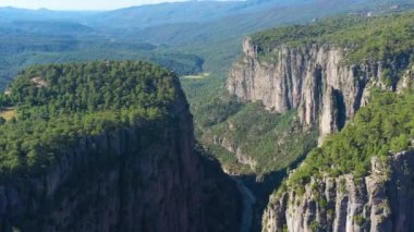 Cliffs of Tazi Canyon in Turkey on Sunny Morning. Aerial View. Drone Flies Downwards, Tilt Up. Crane Shot