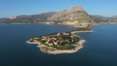 Egirdir Town, Lake and Mountains in Turkey on Sunny Day. Aerial View. Orbiting