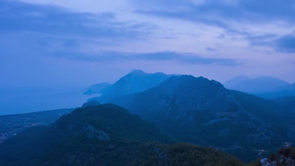 Mountains Sea Aerial Hyper Lapse Time Lapse Blue Hour Drone — Stock Video