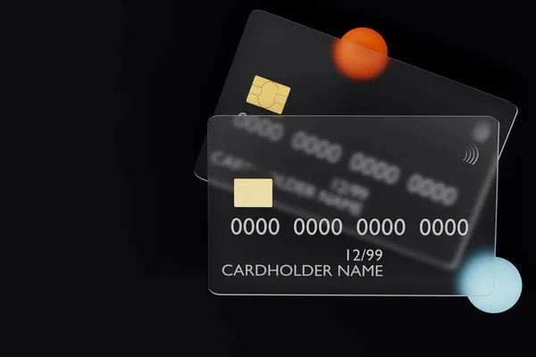 Rendering 3d di carte di credito in vetro trasparente su sfondo scuro — Foto Stock