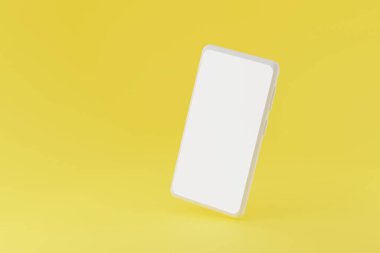 Sarı arka planda beyaz akıllı telefon modeli. Boş beyaz ekranlı 3D cep telefonu, basit bir tasarım. Modern aygıt ekranının 3d illüstrasyonu
