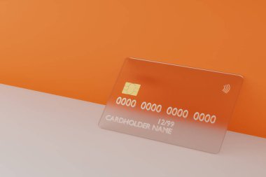 Turuncu arka planda şeffaf cam kredi kartı. Banka kartı modeli, 3 boyutlu illüstrasyon. Çevrimiçi alışveriş ve dijital para kavramı. Glasmorfizm biçimi