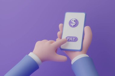 Çevrimiçi ödeme kavramı. Çizgi filmdeki el akıllı telefonu tutuyor ve menekşe arkaplanındaki ödeme düğmesine basıyor.