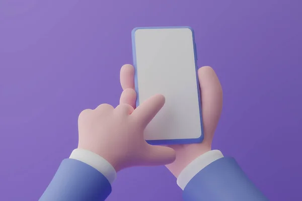 动画手手持带有紫色背景白色屏幕的智能手机，3D插图 — 图库照片