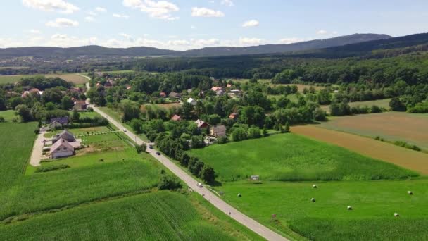 Luftaufnahme eines Dorfes in der Nähe von Bergen. Landschaft auf dem Land — Stockvideo