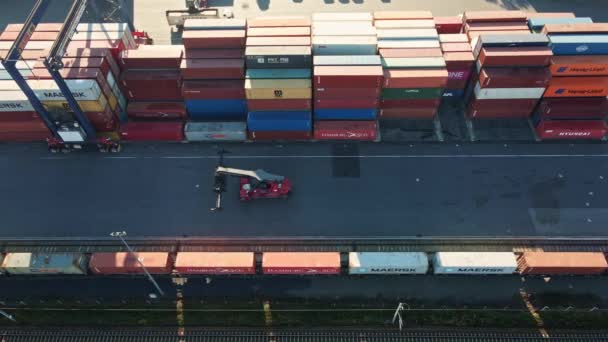 Containers magazijn, vanuit de lucht gezien. Scheepvaart en logistiek concept — Stockvideo