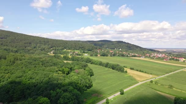 Vista aerea del villaggio vicino alle montagne. Paesaggio di campagna — Video Stock