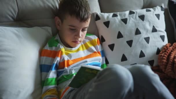 Ребенок читает книгу на диване дома — стоковое видео
