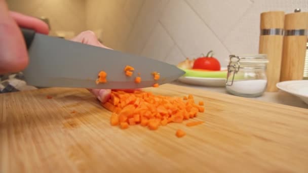 Mujer Con Cuchillo Corta Rodajas Frescas Zanahoria Para Cocinar Proceso — Vídeo de stock