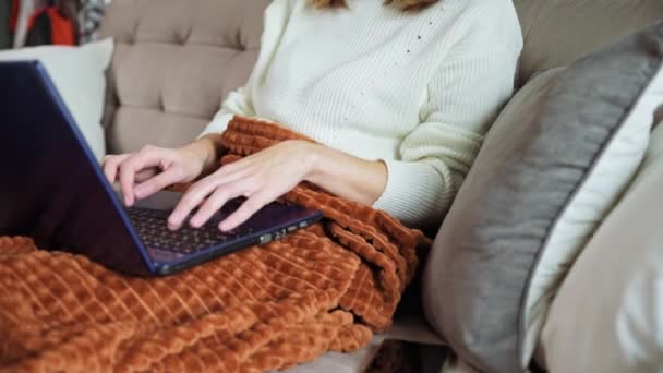 Женщина, работающая дома с ноутбуком — стоковое видео